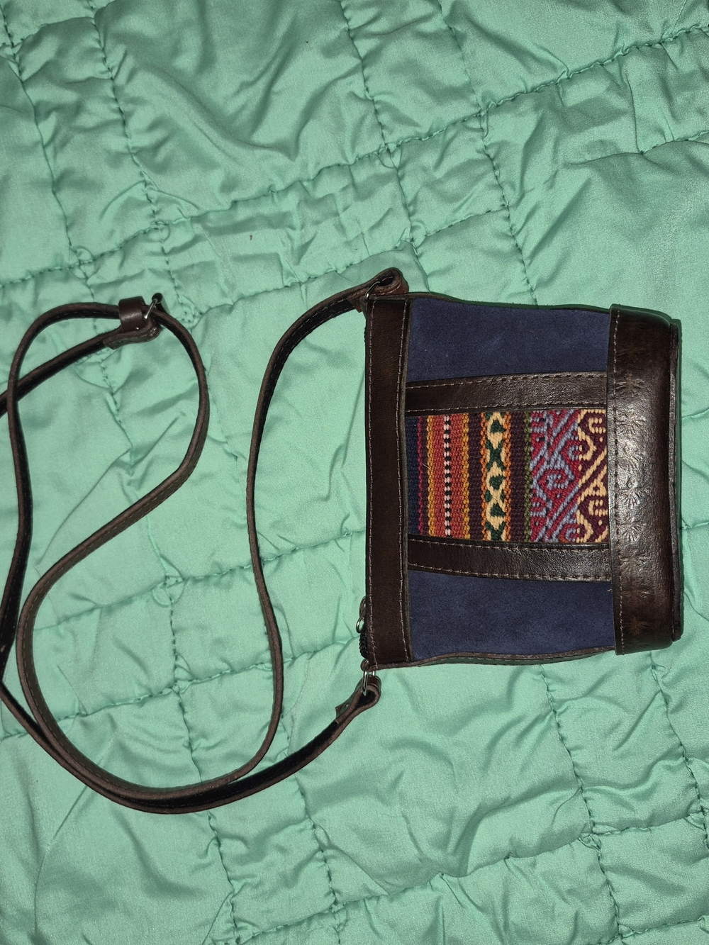 Boho Navy Suede Crossbody Bag with Multicolor Woven Panel